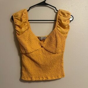 Oak & Trellis Women's Crop Top Orange Ribbed Puff Sleeve V Neck Front Key Hole